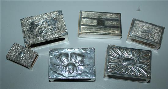 Six silver matchbox holders, various sizes, embossed and engine-turned